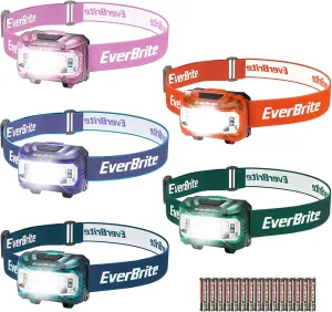 EverBrite Headlamp, 5 Pack Kids Headlamp with Red Light and Memory Function, Head Lamp for Adults and Kids with 5 Modes, Bright Headlamps for Camping, Running, Batteries Included