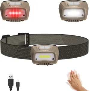 EverBrite Rechargeable Headlamp, LED Bright Motion Sensor Head Lamp Flashlight with 6 Modes, Adjustable Headlight for Adults Kids with White Red Light, Waterproof, Khaki, for Hiking, Running, Camping
