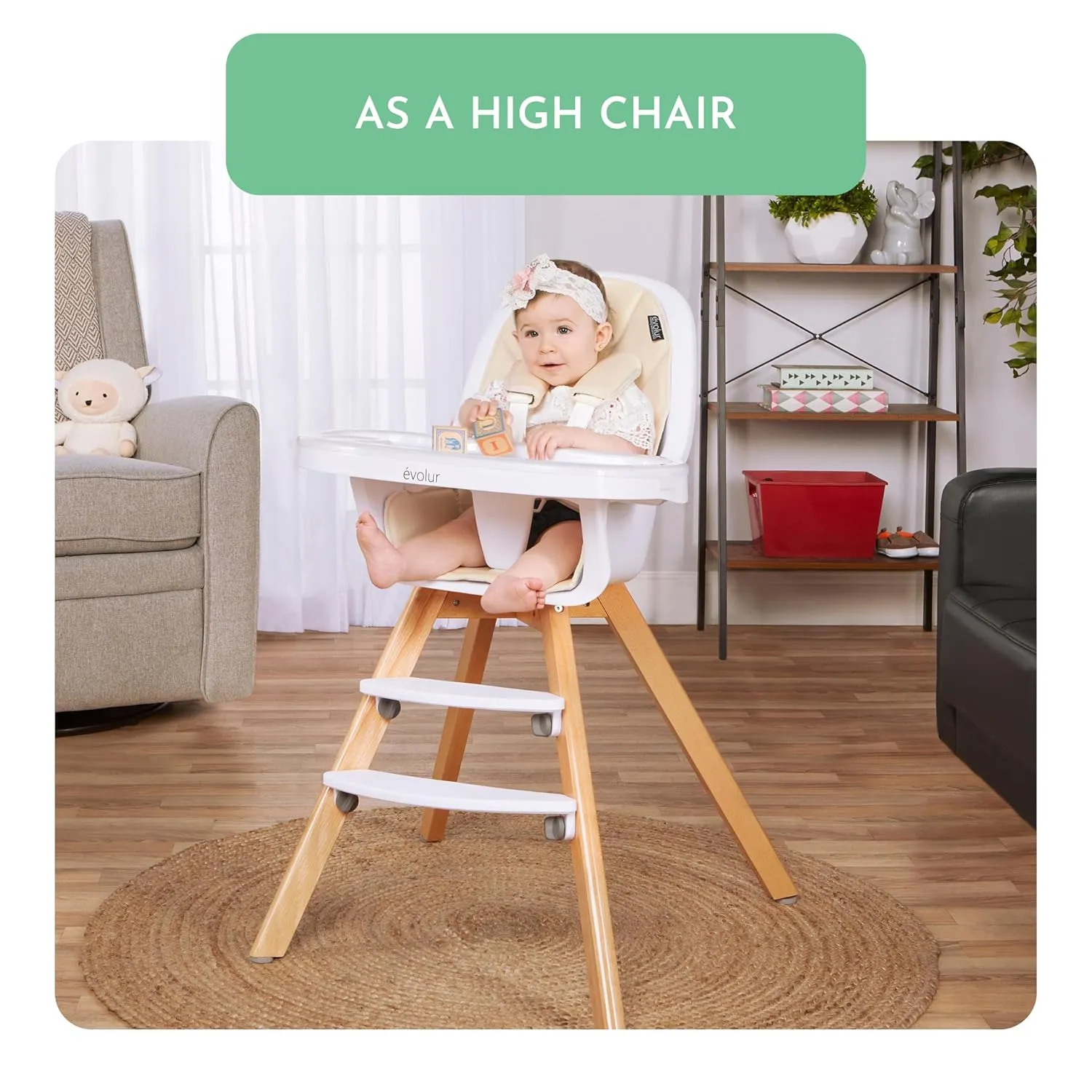 Evolur Zoodle 2 in 1 Convertible Baby High Chair in Ivory