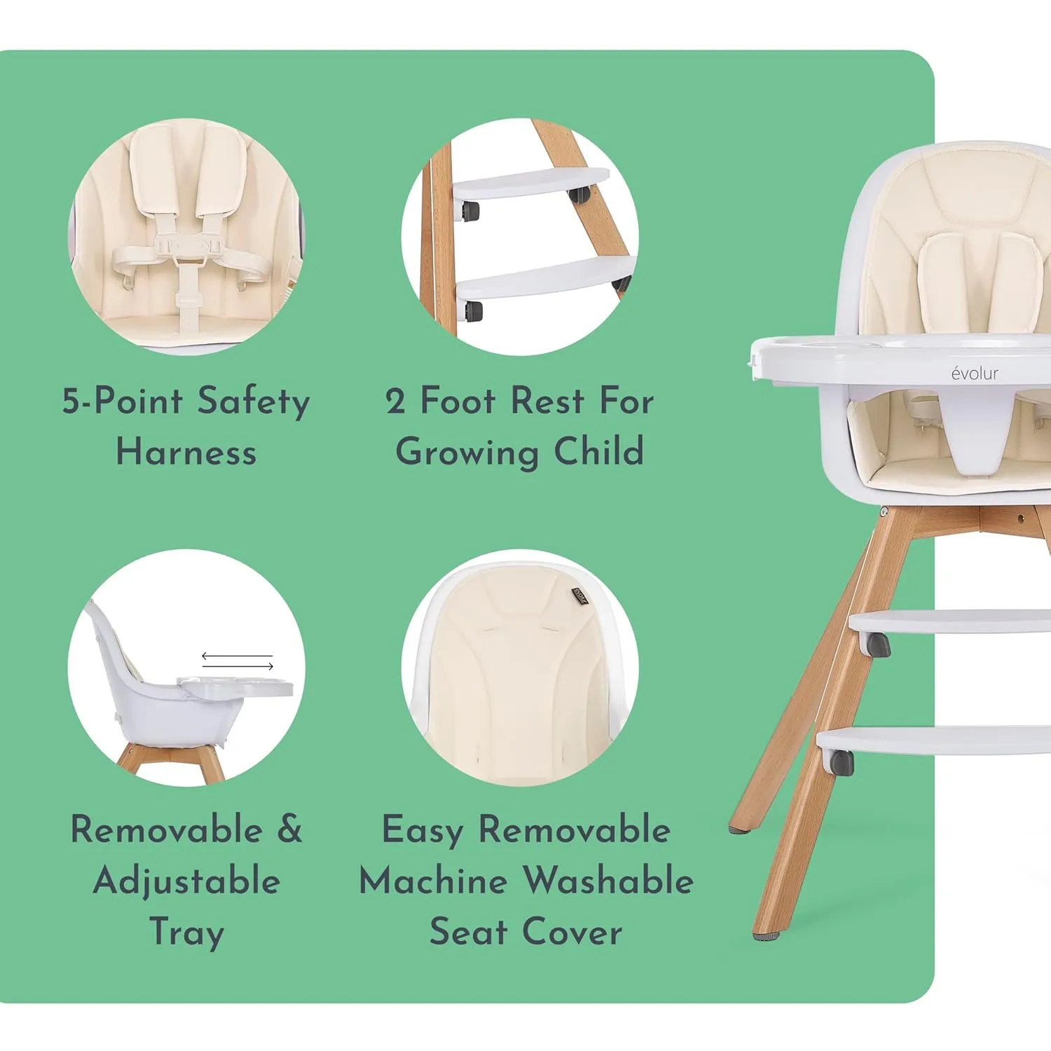 Evolur Zoodle 2 in 1 Convertible Baby High Chair in Ivory