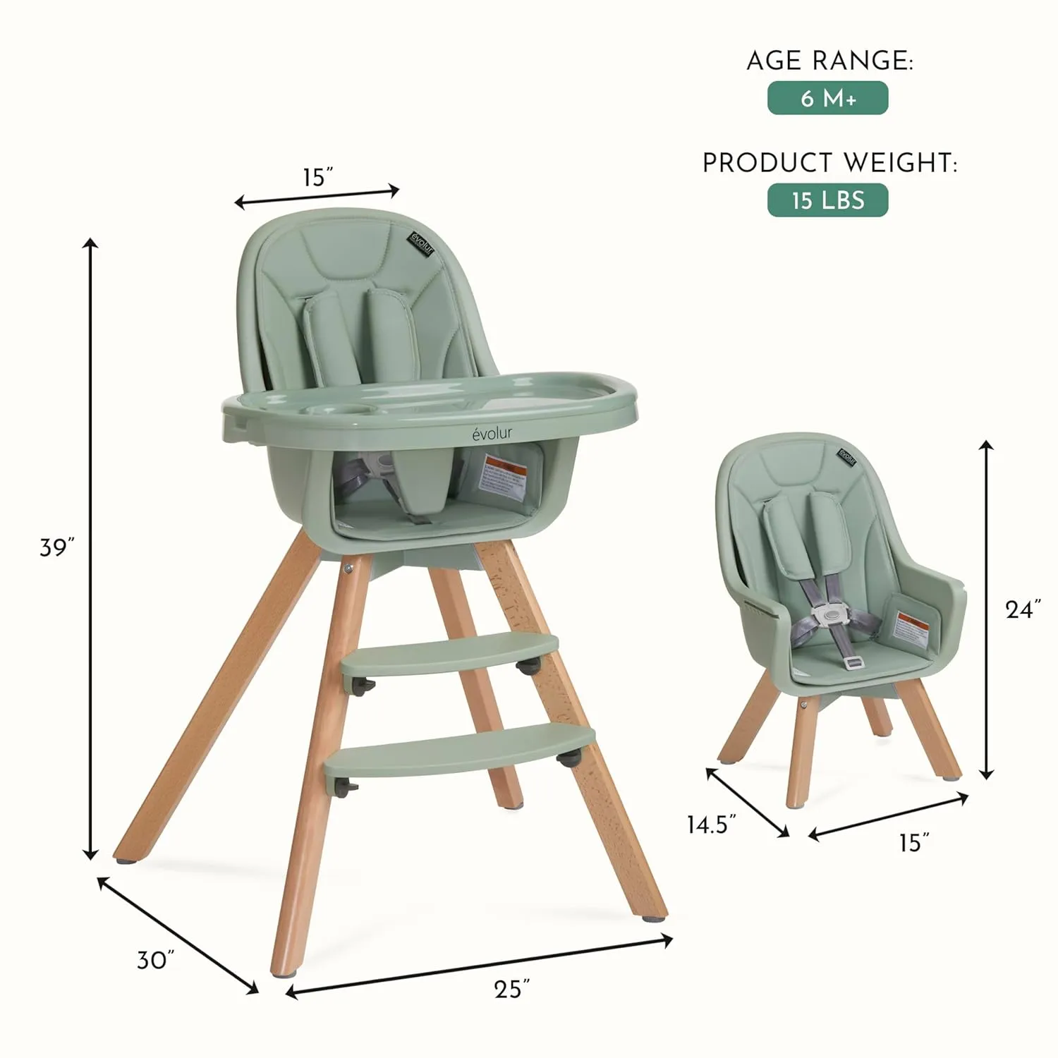 Evolur Zoodle 2 in 1 Convertible Baby High Chair in Sage Green