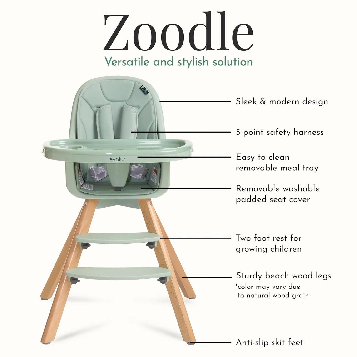 Evolur Zoodle 2 in 1 Convertible Baby High Chair in Sage Green