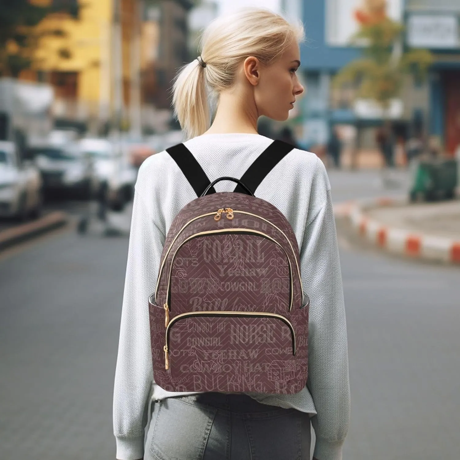Exnundod Small Backpack for Women West Horse Vocabulary Pattern Backpack Purse Travel Daypack Lightweight Backpack