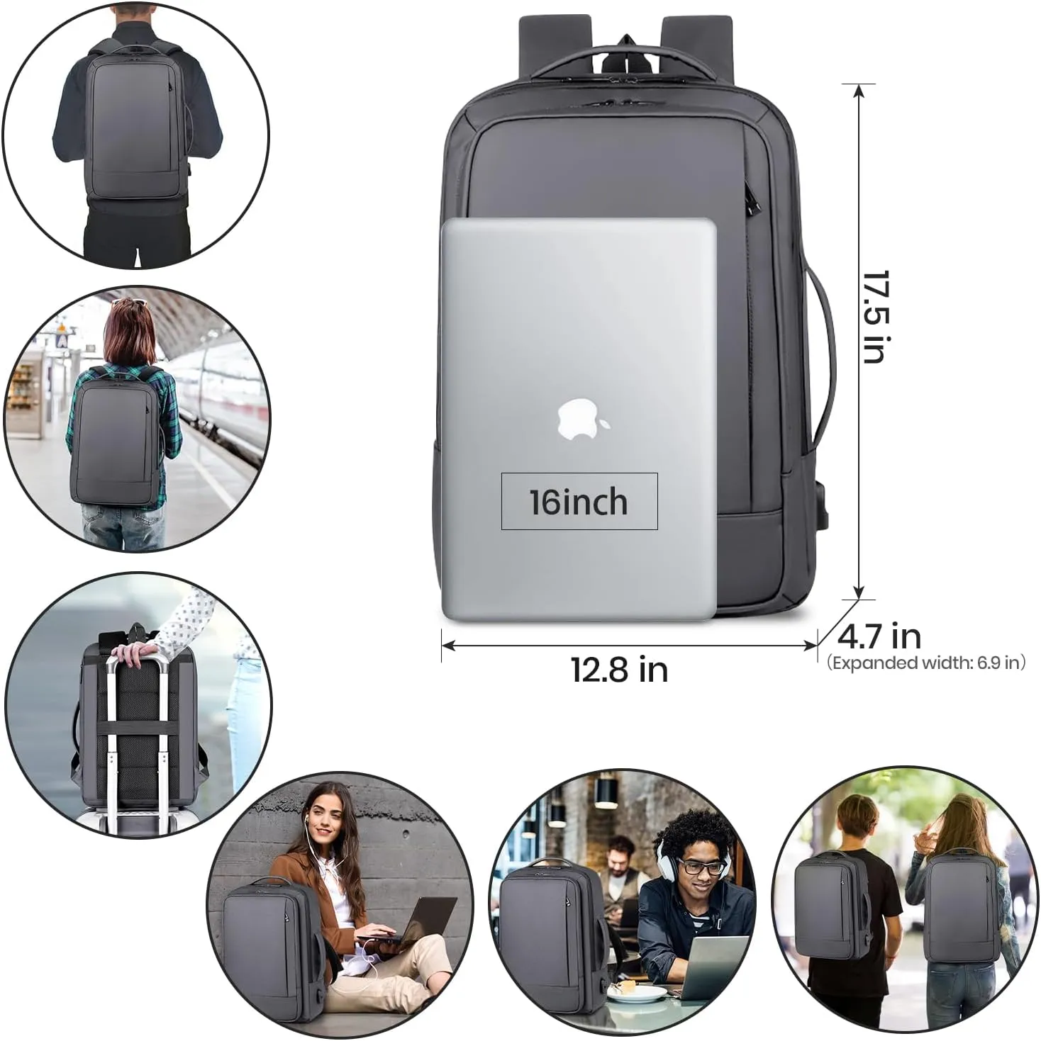 Expandable Laptop Backpack, 16 Inch Water-Resistant Bag with USB Charging Port, Business College Backpack for Men & Women, Gray