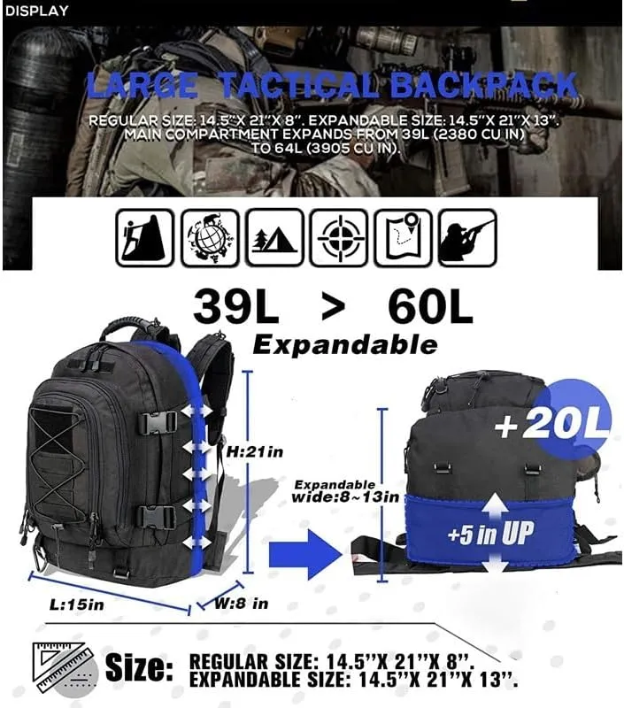 Extra Large 60L Tactical Backpack for Men Women Outdoor Water Resistant Hiking Travel Laptop Bag(BCP)