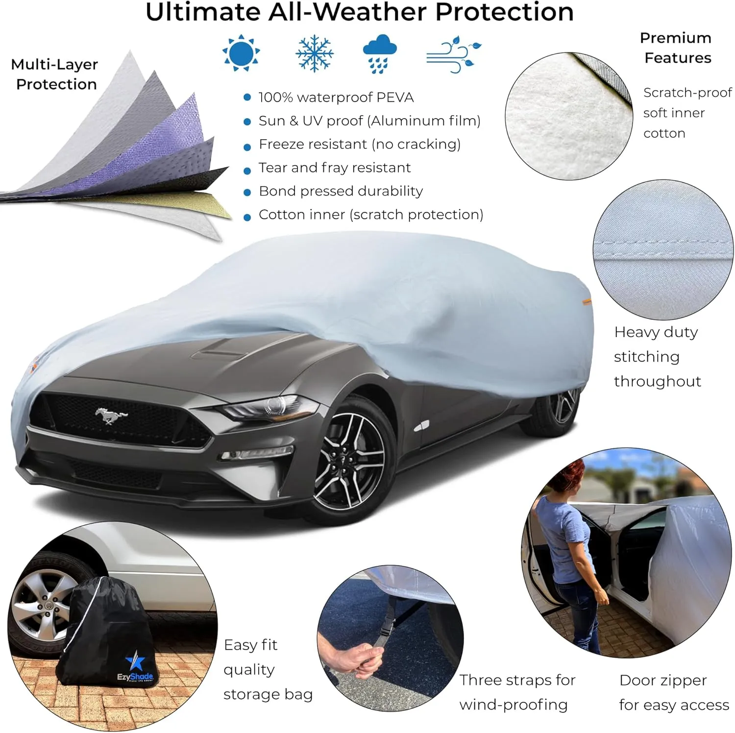 EzyShade 10-Layer Waterproof Sports Car Cover. See Vehicle Size-Chart for Accurate Fit. All Weather Full Outdoor Covers. Corvette Mustang Trans Am Classic Cars Sun Snow Rain. Size C4 (See SizeChart)
