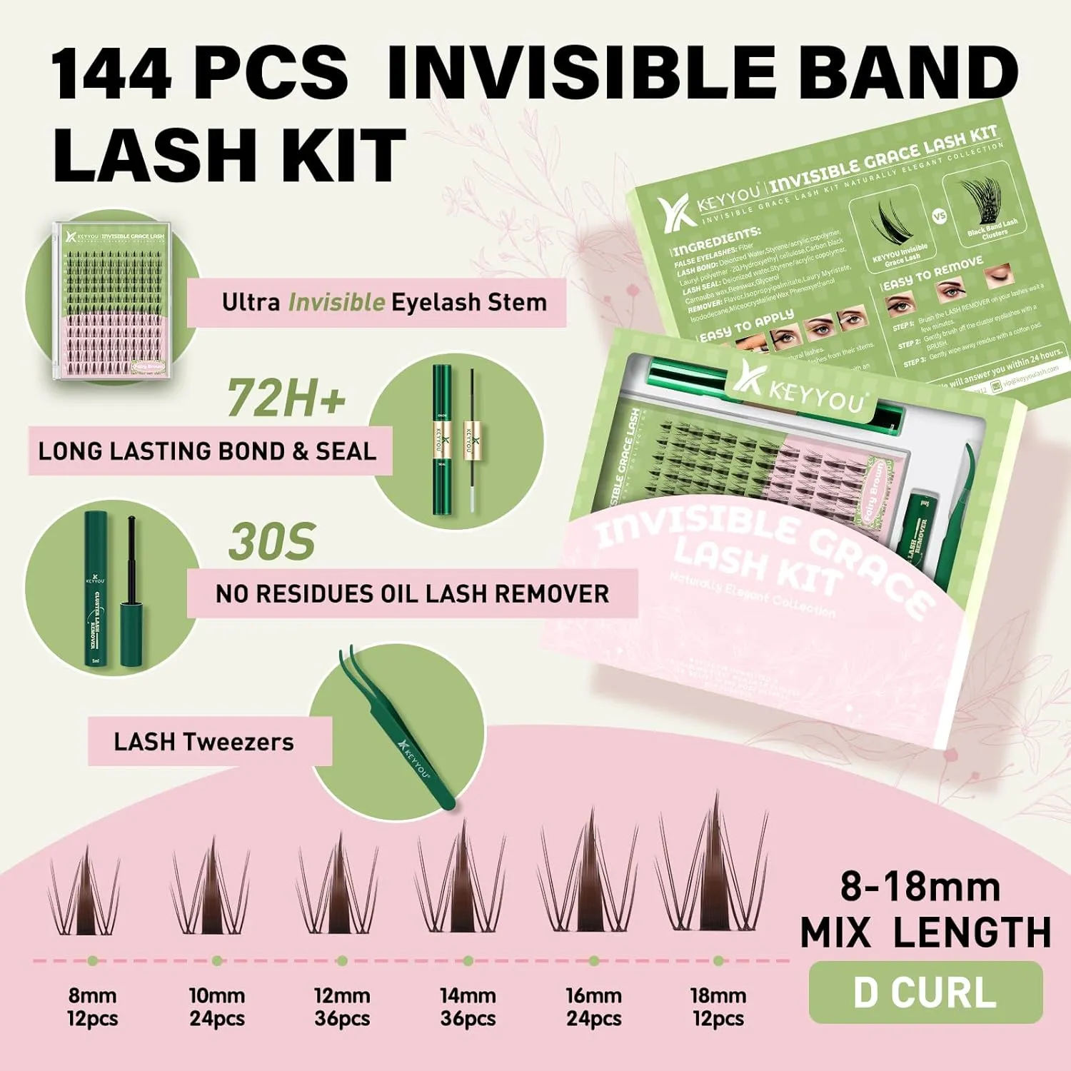 Fairy Brown Lash Clusters Kit Lash Extension Kit D Curl 144Pcs Eyelash Extension Kit Wispy Natural Invisible Band Lash Kit with Waterproof DIY Lash Extension Kit at Home(Fairy Brown-D-8-18MIX)