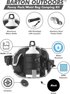 Fanny Pack/Waist Bag Camping Kit - Includes 17 oz. Aluminum Water Bottle, Flashlight, Compass, and Multi-Function Stainless Steel Pocket Knife