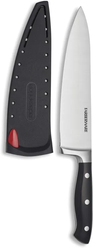Farberware Edgekeeper 8-Inch Forged Triple Riveted Chef Knife with Self-Sharpening Blade Cover, High Carbon-Stainless Steel Kitchen Knife with Ergonomic Handle, Razor-Sharp Knife, Black