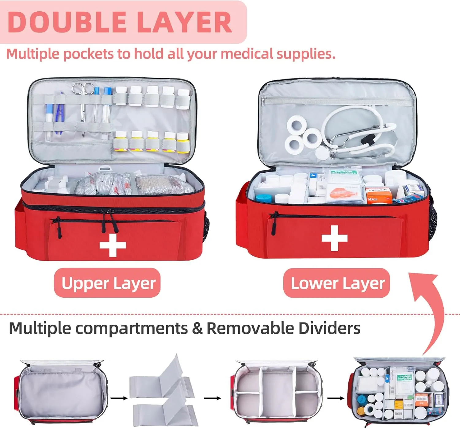 First Aid Bag Empty Large Medical Bag with Shoulder Strap 16”x 9½” x 7” Medicine Organizer Box Travel First Aid kit Emergency Supplies Storage Bag for Car, Home, Office, Outdoor (Red)