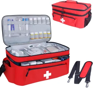 First Aid Bag Empty Large Medical Bag with Shoulder Strap 16”x 9½” x 7” Medicine Organizer Box Travel First Aid kit Emergency Supplies Storage Bag for Car, Home, Office, Outdoor (Red)