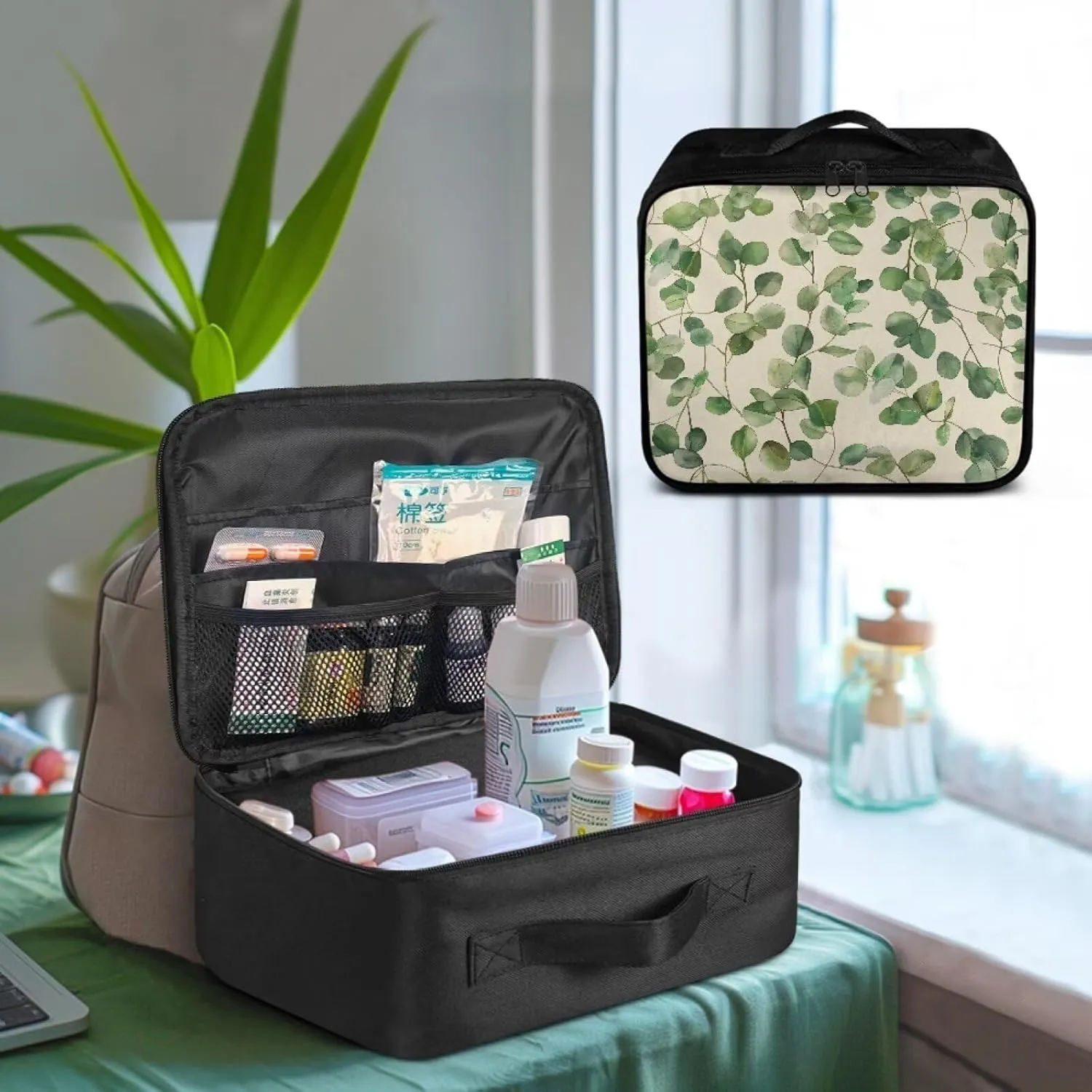 First Aid Bag Empty Medium Green Leaves Travel First Aid Pouch Empty Portable Travel Medicine Pouch Zipper Medical Supplies Organizer Bag for Camping Hiking Home Travel