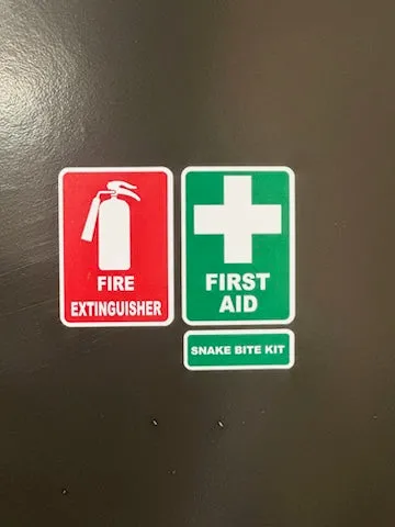 First aid, fire extinguisher, snake bite kit sticker for vehicles and windows, signs