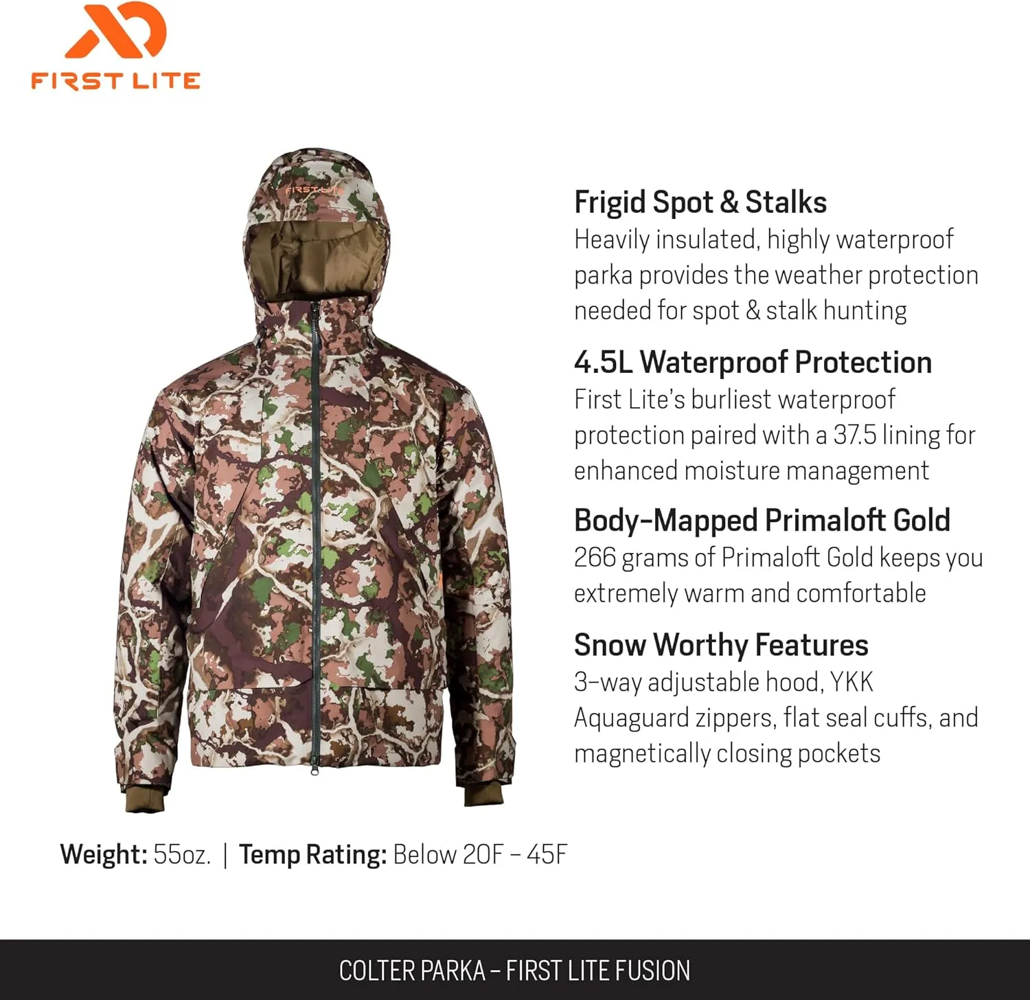 First Lite Men's Colter Parka - Waterproof Insulated Camo Hunting Coat