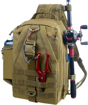 Fishing Backpack Sling Tackle Bag with Rod & Gear Holder Lightweight Outdoor Water-Resistant Fishing Shoulder Storage Bag Fishing Gift for Men Women (Standard Size)