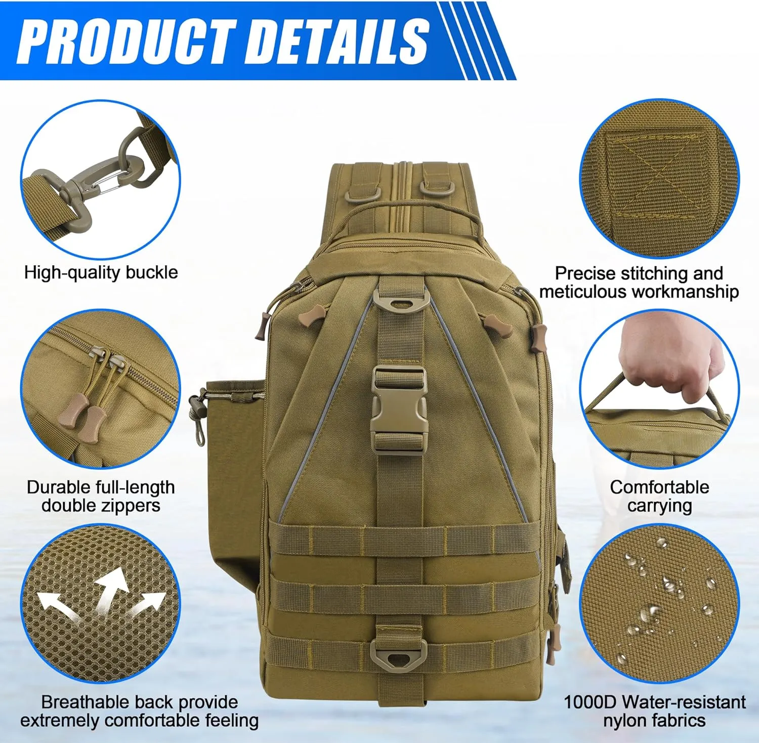 Fishing Backpack Sling Tackle Bag with Rod & Gear Holder Lightweight Outdoor Water-Resistant Fishing Shoulder Storage Bag Fishing Gift for Men Women (Standard Size)