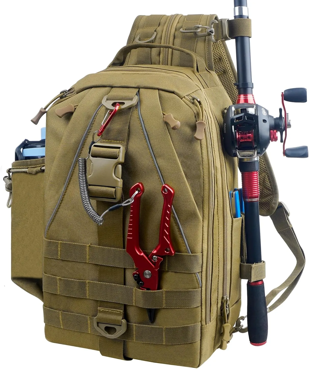 Fishing Backpack Sling Tackle Bag with Rod & Gear Holder Lightweight Outdoor Water-Resistant Fishing Shoulder Storage Bag Fishing Gift for Men Women (Standard Size)