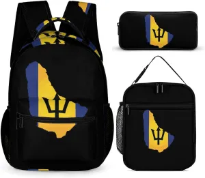 Flag Map of Barbados Cute Backpack Set with Lunch Bag and Pencil Case Lightweight Bags Sets