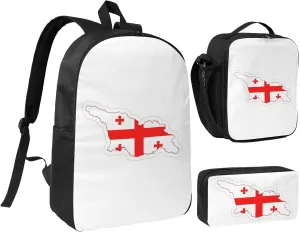 Flag Map of Georgia print 3PCS Backpack for Men Women Aesthetic 17 Inches Bookbag with Lunch Box Pencil Bag