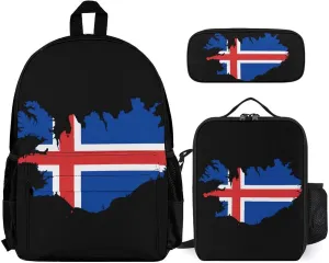 Flag Map of Iceland Printed Backpack Set 3 Pcs Daypack Sets with Lunch Box and Pencil Case for Women Men