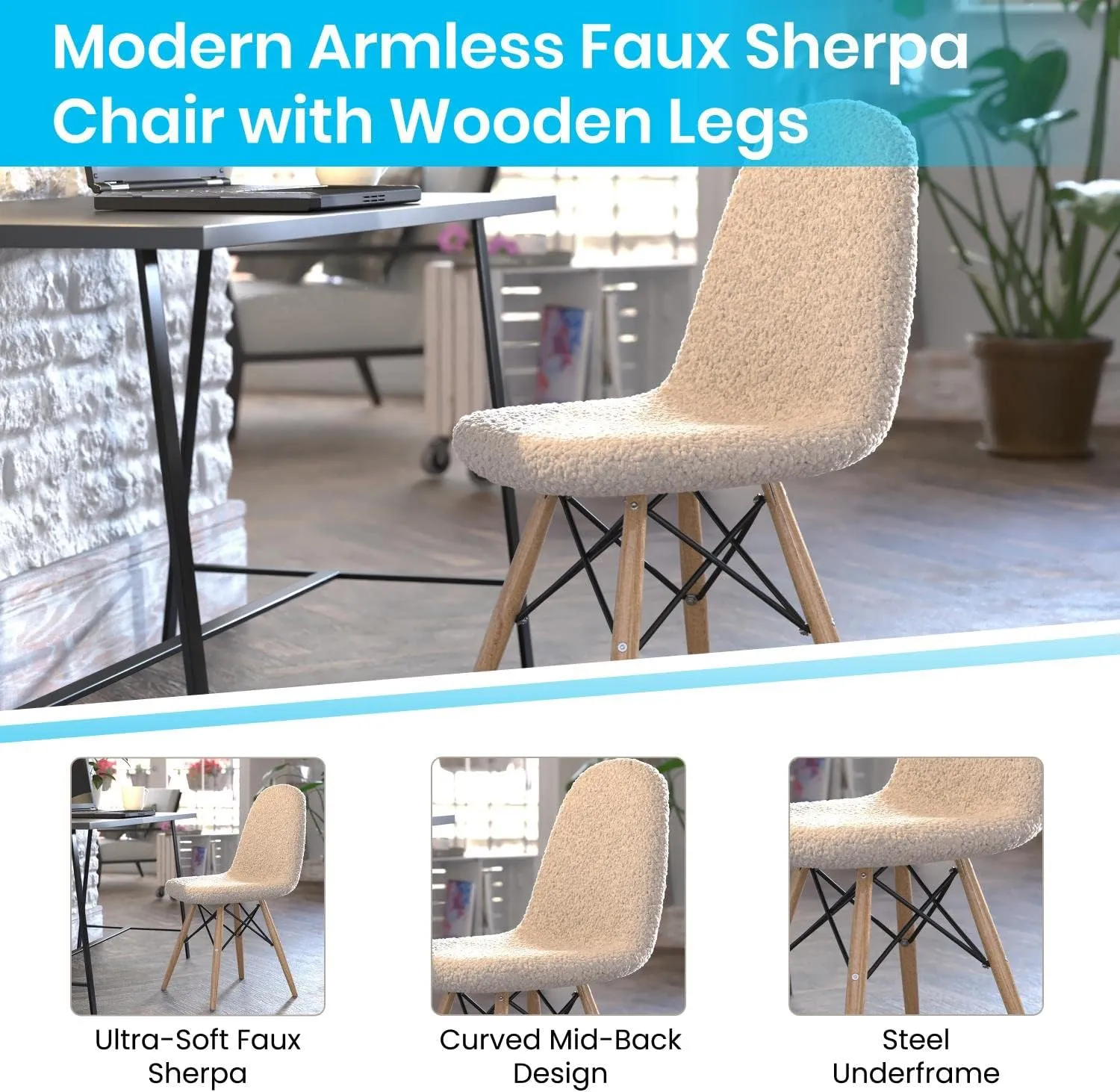 Flash Furniture Modern Zula Modern Padded Armless Faux Sherpa Accent Chair with Beechwood Legs - Off-White