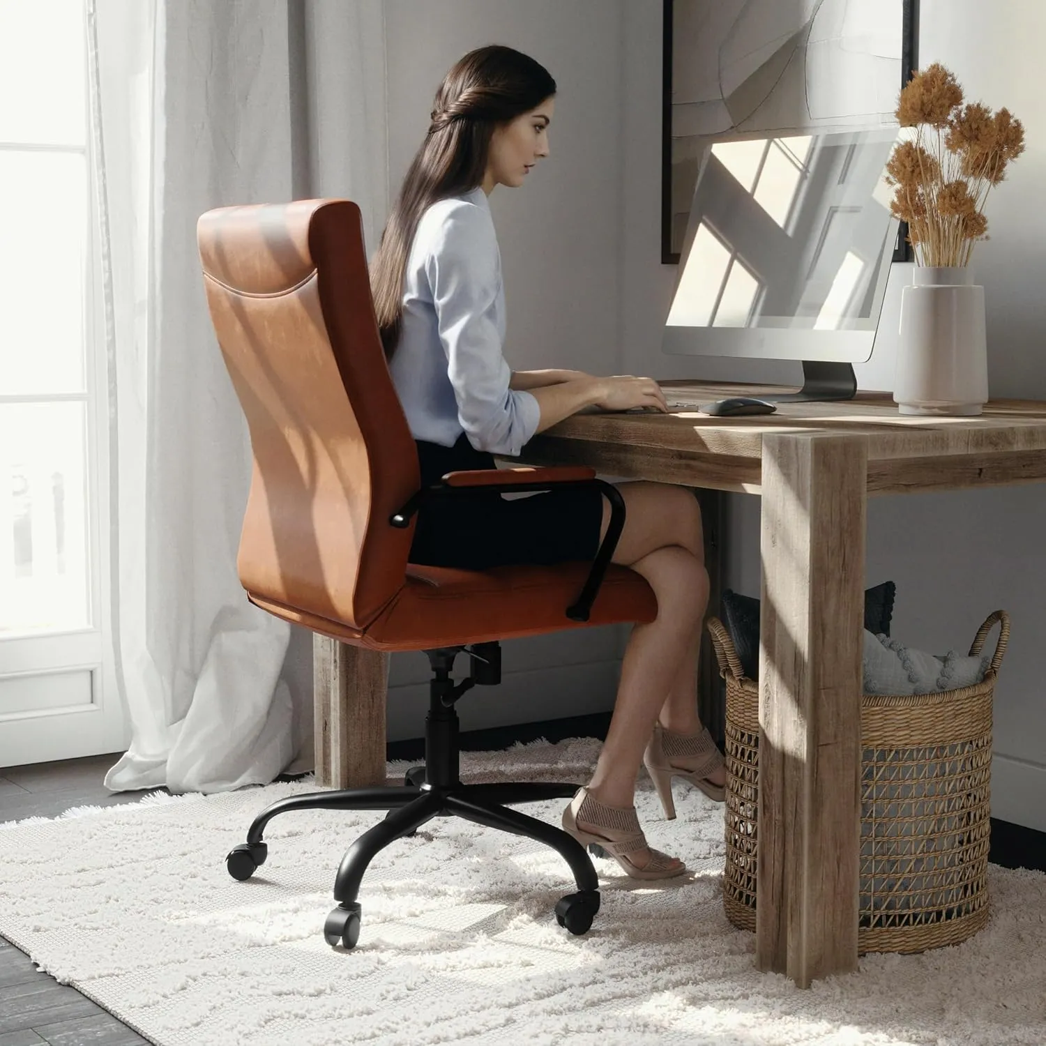 Flash Furniture Whitney High-Back Swivel LeatherSoft Desk Chair with Padded Seat and Armrests, Adjustable Height Padded LeatherSoft Office Chair, Brown/Black Gold