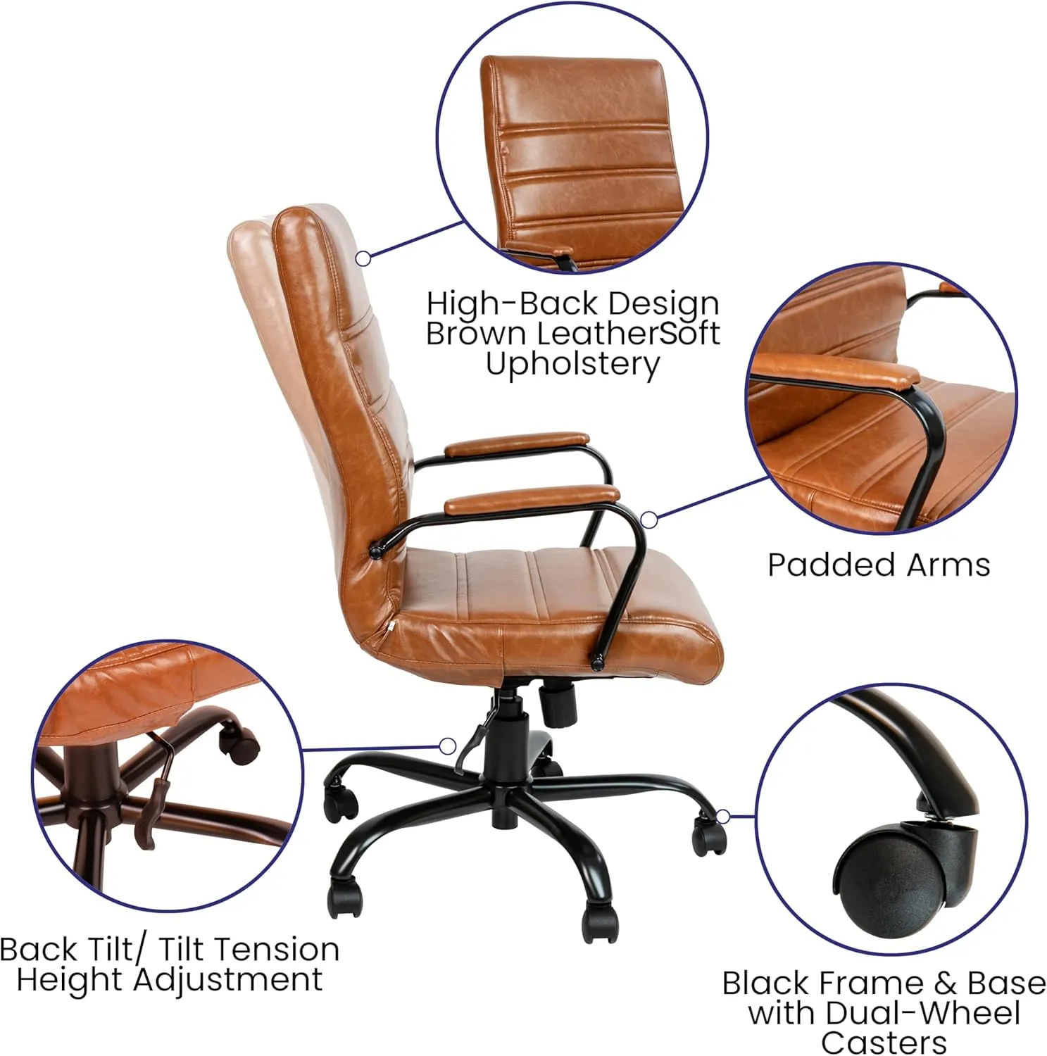 Flash Furniture Whitney High-Back Swivel LeatherSoft Desk Chair with Padded Seat and Armrests, Adjustable Height Padded LeatherSoft Office Chair, Brown/Black Gold