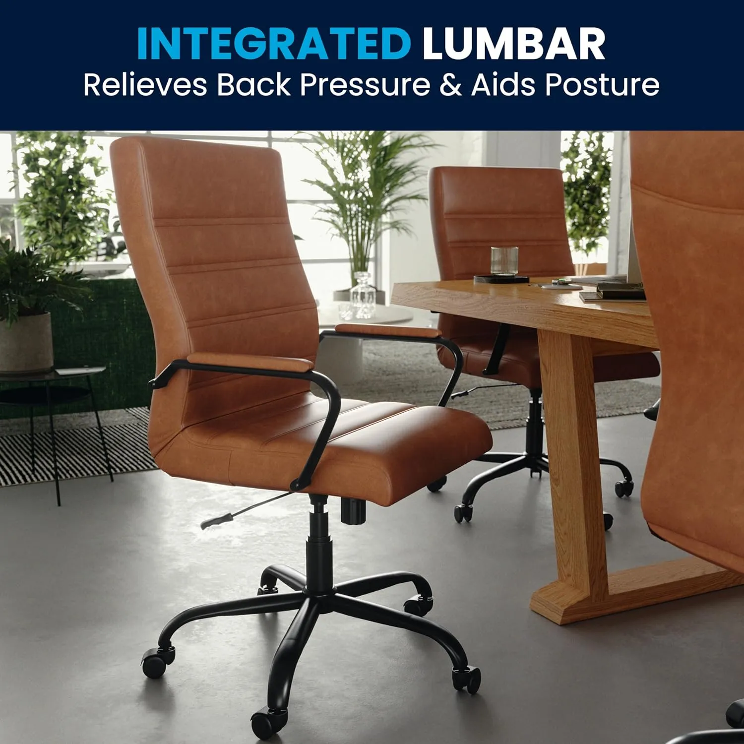 Flash Furniture Whitney High-Back Swivel LeatherSoft Desk Chair with Padded Seat and Armrests, Adjustable Height Padded LeatherSoft Office Chair, Brown/Black Gold