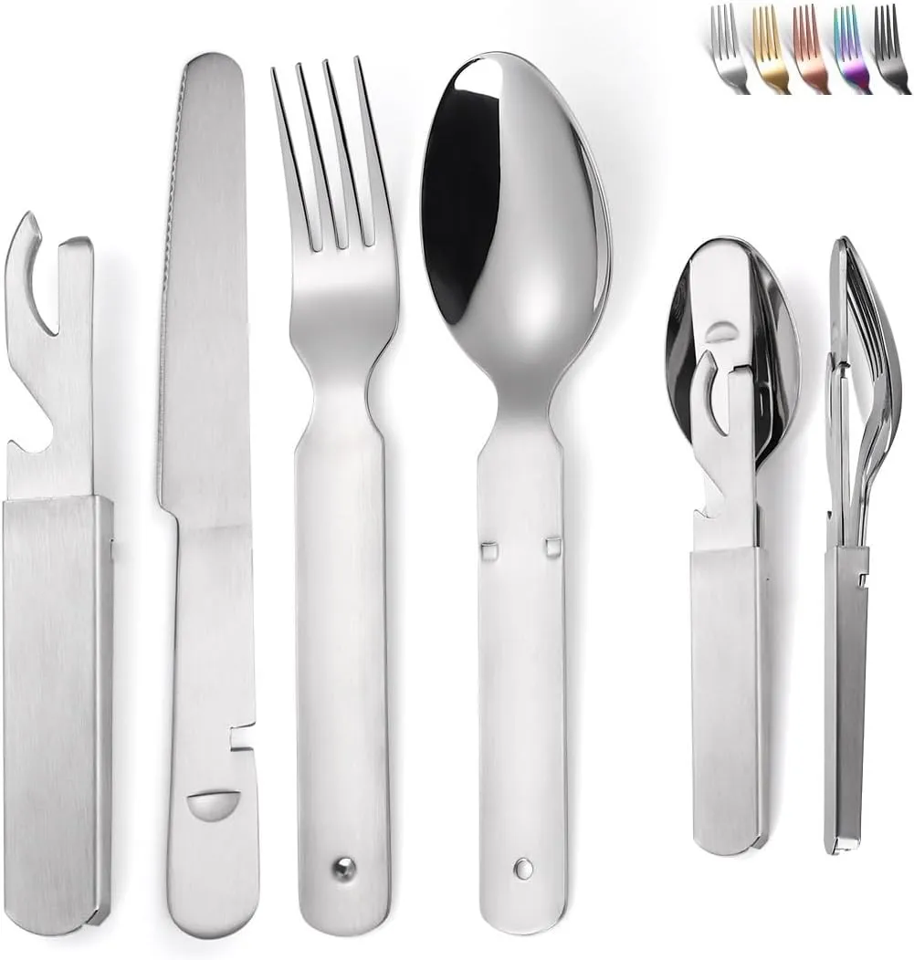 Flatware Silverware Set, 4/16/24/32/40/48 Pieces Stainless Steel Outdoor Tableware Set Travel Portable Foldable Combination Table Knife, Fork And Spoon Multi-function Bottle Opener, Tableware