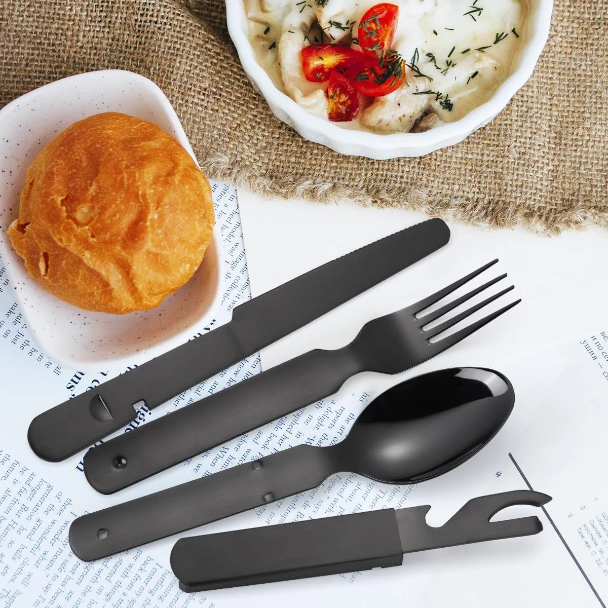Flatware Silverware Set, 4/16/24/32/40/48 Pieces Stainless Steel Outdoor Tableware Set Travel Portable Foldable Combination Table Knife, Fork And Spoon Multi-function Bottle Opener, Tableware