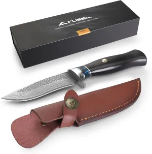 FLISSA Damascus Hunting Knife, 9.5 Inch Fixed Blade with Leather Sheath, Survival Knife with Black Sandalwood Handle for Camping, Hiking, Great Gifts
