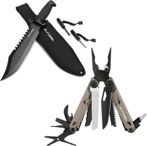 FLISSA Survival Hunting Knife with Sheath and 15-in-1 Multitool
