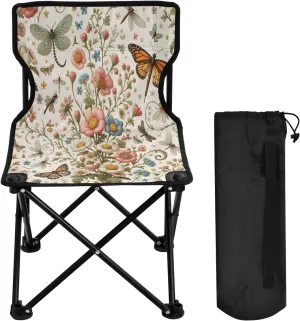 Flower Butterfly Dragonfly Portable Outdoor Folding Chair Anti-Slip Padded Oxford Cloth Stool Camping Chair Small for Beach Hiking Fishing Gardening Quad Camp Chair