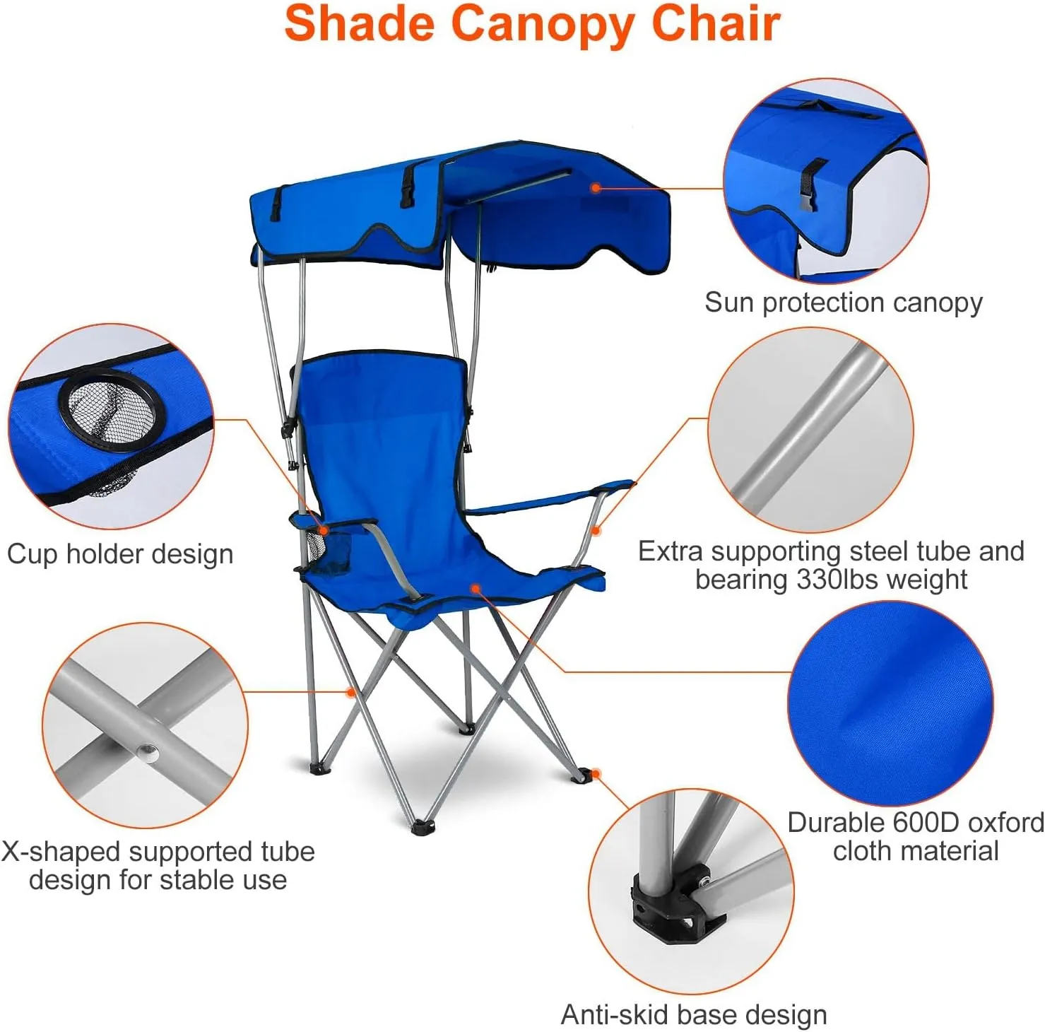 Foldable Beach Canopy Chair with Sun Shade - 330LBS Heavy Duty Camping Lawn Chair w/Cup Holder for Poolside Travel Picnic Outdoor Relax (Blue)