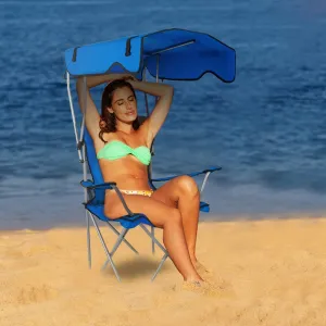 Foldable Beach Canopy Chair with Sun Shade - 330LBS Heavy Duty Camping Lawn Chair w/Cup Holder for Poolside Travel Picnic Outdoor Relax (Blue)