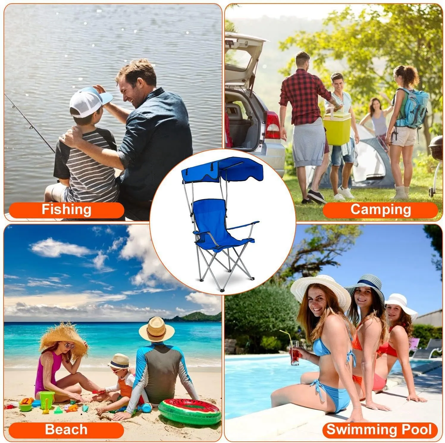 Foldable Beach Canopy Chair with Sun Shade - 330LBS Heavy Duty Camping Lawn Chair w/Cup Holder for Poolside Travel Picnic Outdoor Relax (Blue)