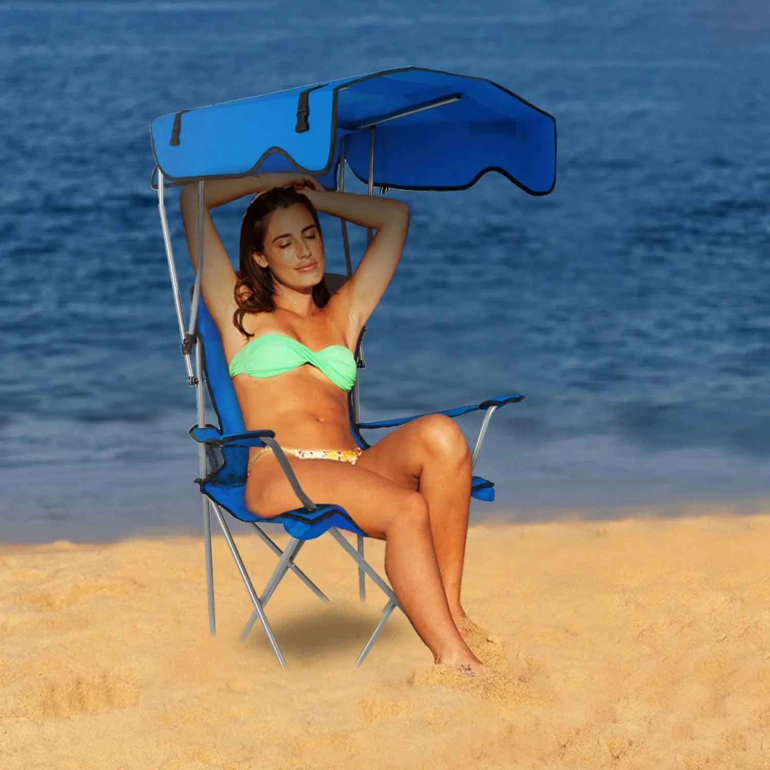 Foldable Beach Canopy Chair with Sun Shade - 330LBS Heavy Duty Camping Lawn Chair w/Cup Holder for Poolside Travel Picnic Outdoor Relax (Blue)
