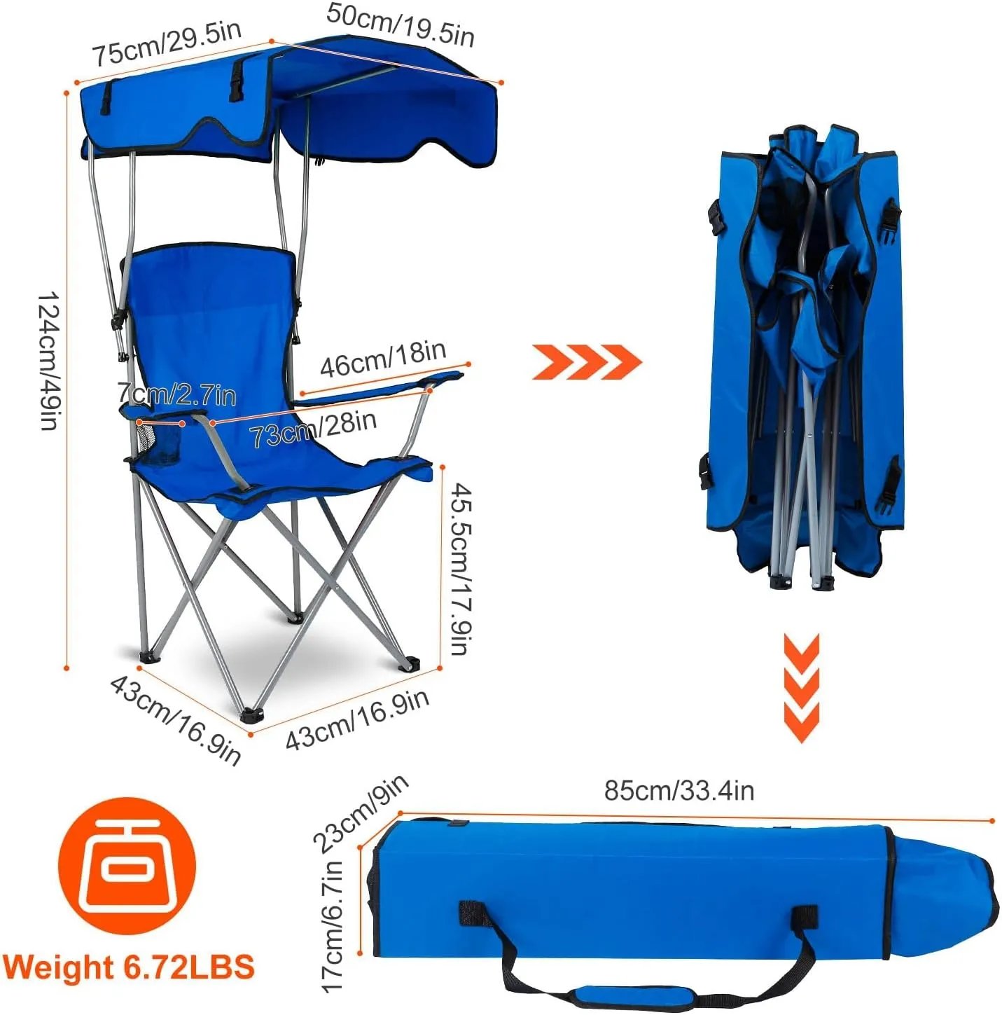 Foldable Beach Canopy Chair with Sun Shade - 330LBS Heavy Duty Camping Lawn Chair w/Cup Holder for Poolside Travel Picnic Outdoor Relax (Blue)
