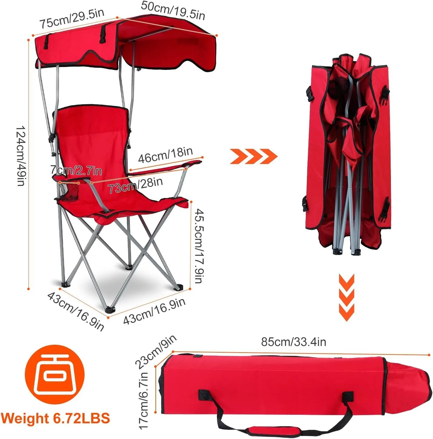 Foldable Beach Canopy Chair,Sun Protection Camping Lawn Canopy Chair 330LBS Load Folding Seat w/Cup Holder for Beach,Poolside,Travel,Picnic - Red