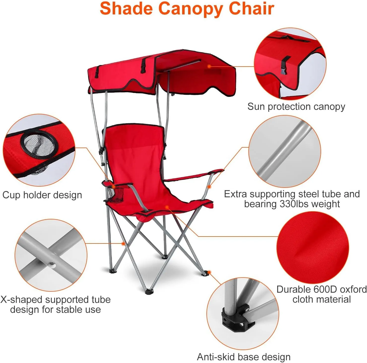 Foldable Beach Canopy Chair,Sun Protection Camping Lawn Canopy Chair 330LBS Load Folding Seat w/Cup Holder for Beach,Poolside,Travel,Picnic - Red