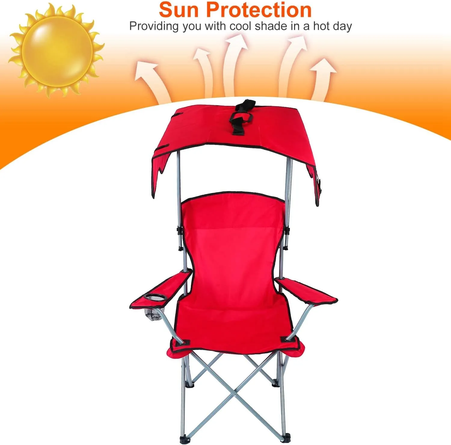 Foldable Beach Canopy Chair,Sun Protection Camping Lawn Canopy Chair 330LBS Load Folding Seat w/Cup Holder for Beach,Poolside,Travel,Picnic - Red