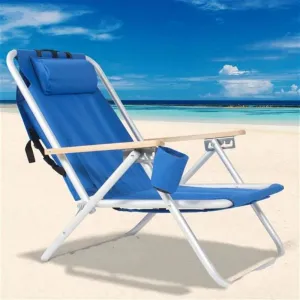 Foldable Beach Chair, Portable Camping Chairs with Straps,Backpack Beach Chairs for Adults with Headrest, Cup Holder & Wooden Armrests,Position Adjustable (Blue-1 Pack)