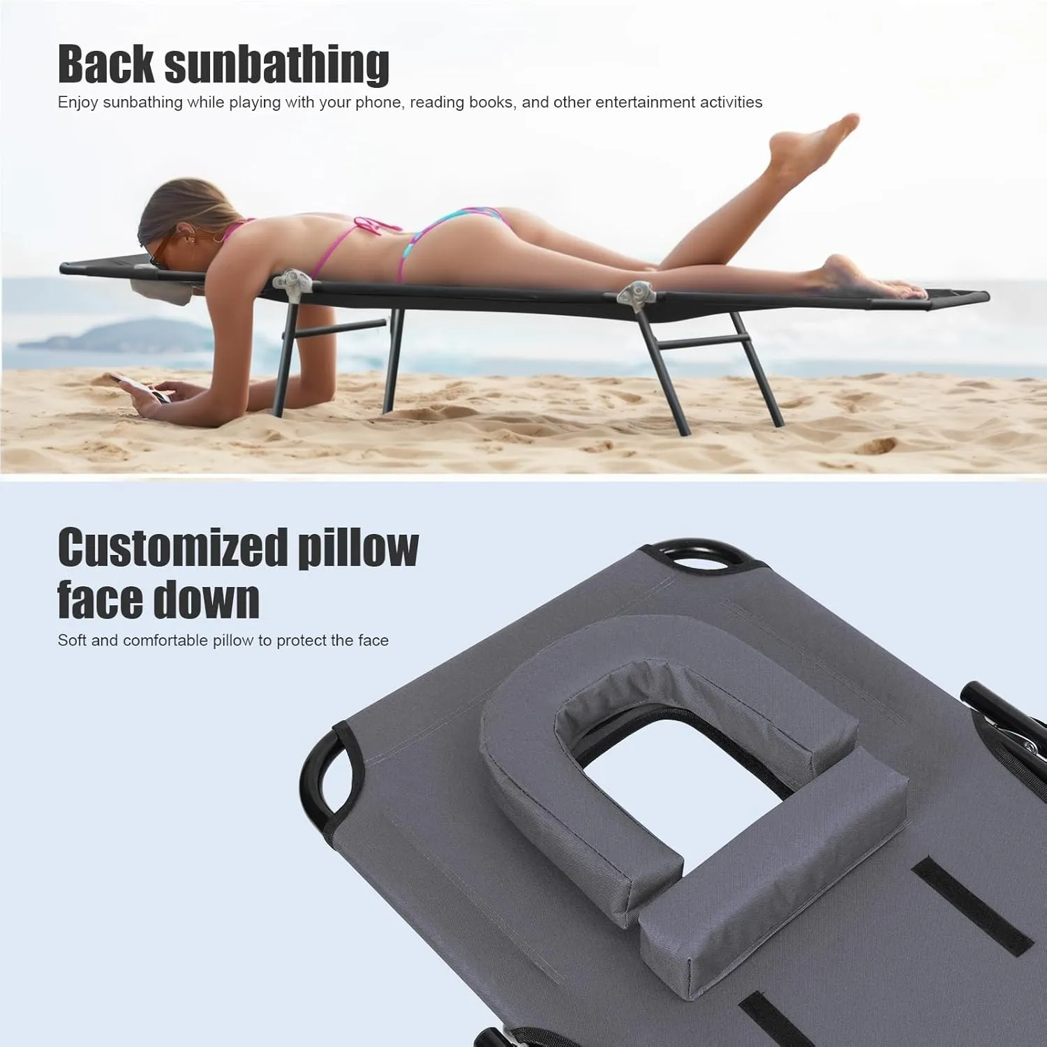 Foldable Camping Cot for Adults with Heavy Duty Frame & 4-Height Adjustability, Reclining Folding Chaise Lounge for Indoor Outdoor Travel, Adult Lounger Chair with Face Hole Grey