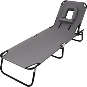 Foldable Camping Cot for Adults with Heavy Duty Frame & 4-Height Adjustability, Reclining Folding Chaise Lounge for Indoor Outdoor Travel, Adult Lounger Chair with Face Hole Grey