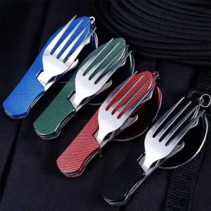 Foldable camping utensil set - multi-functional knife, fork, spoon combo for outdoor activities