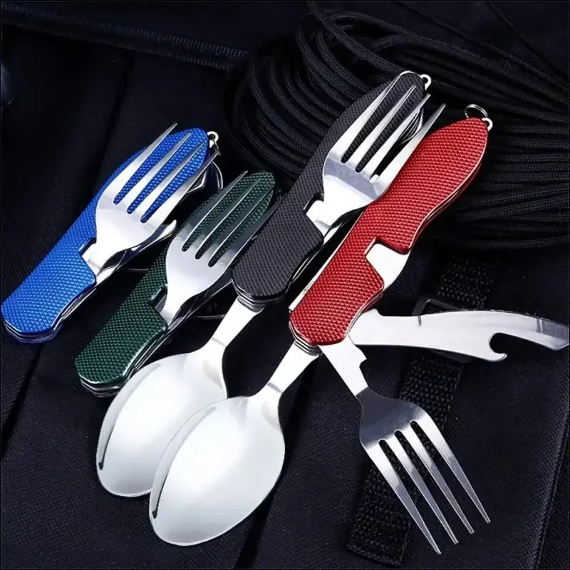 Foldable camping utensil set - multi-functional knife, fork, spoon combo for outdoor activities