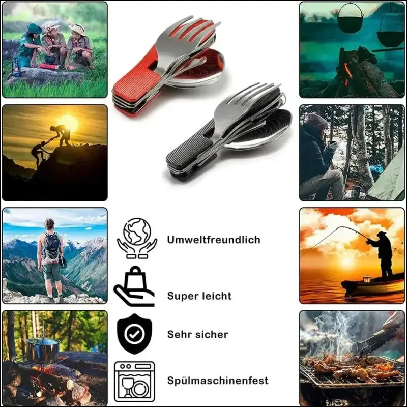 Foldable camping utensil set - multi-functional knife, fork, spoon combo for outdoor activities