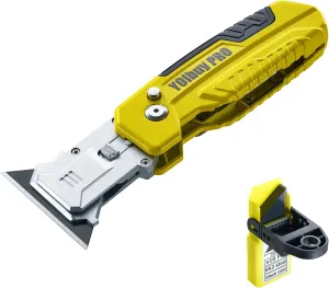 Foldable Utility Knife with Scraper Function, Holds 2 Replacement Blades, Zinc Alloy Body, SK2 Replacement Blade