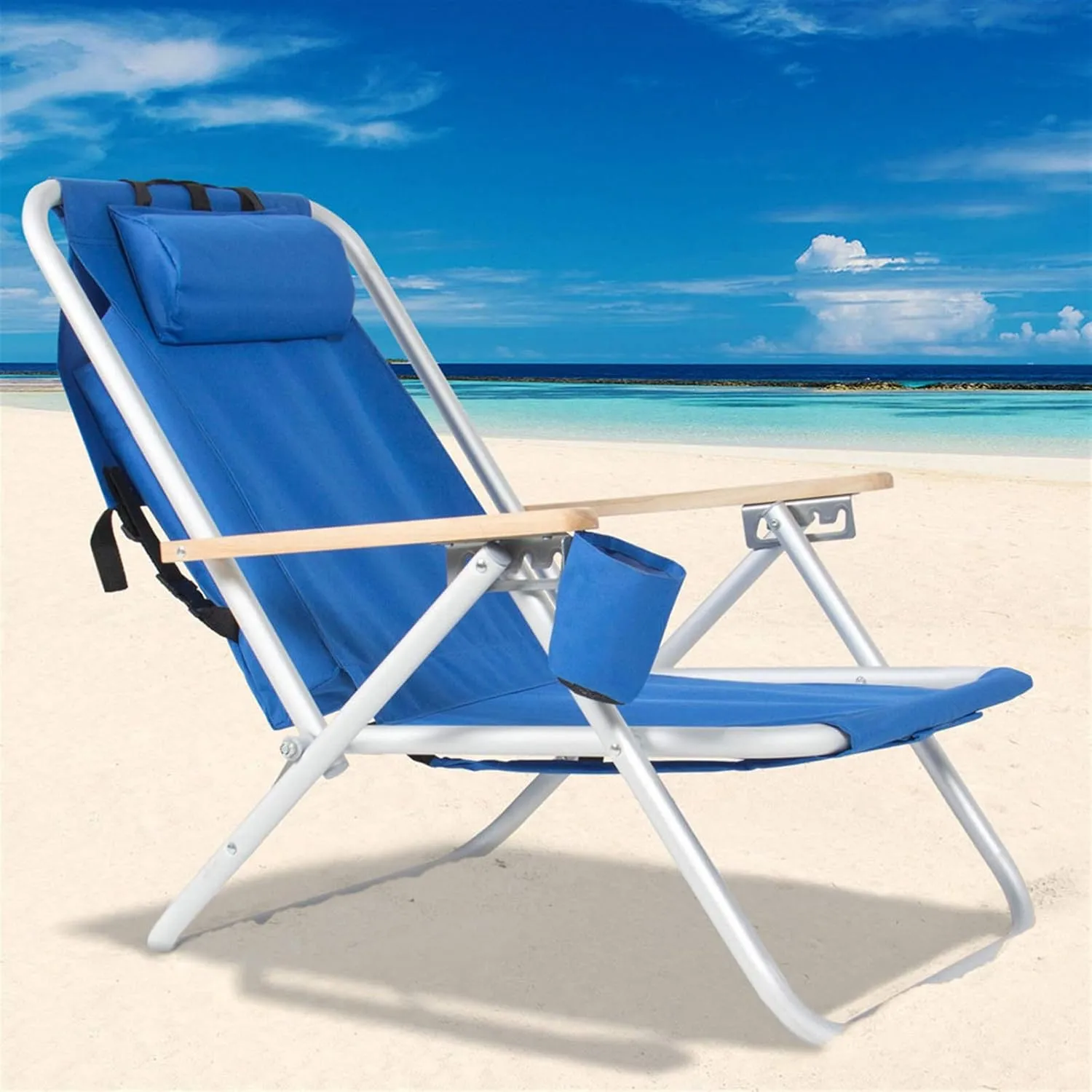 Folding Backpack Beach Chair,Reclining Portable Beach Chair Camping Chair with Adjustable Headrest and Cup Holder,Lightweight Beach Lounge Chair for Outdoor Camping