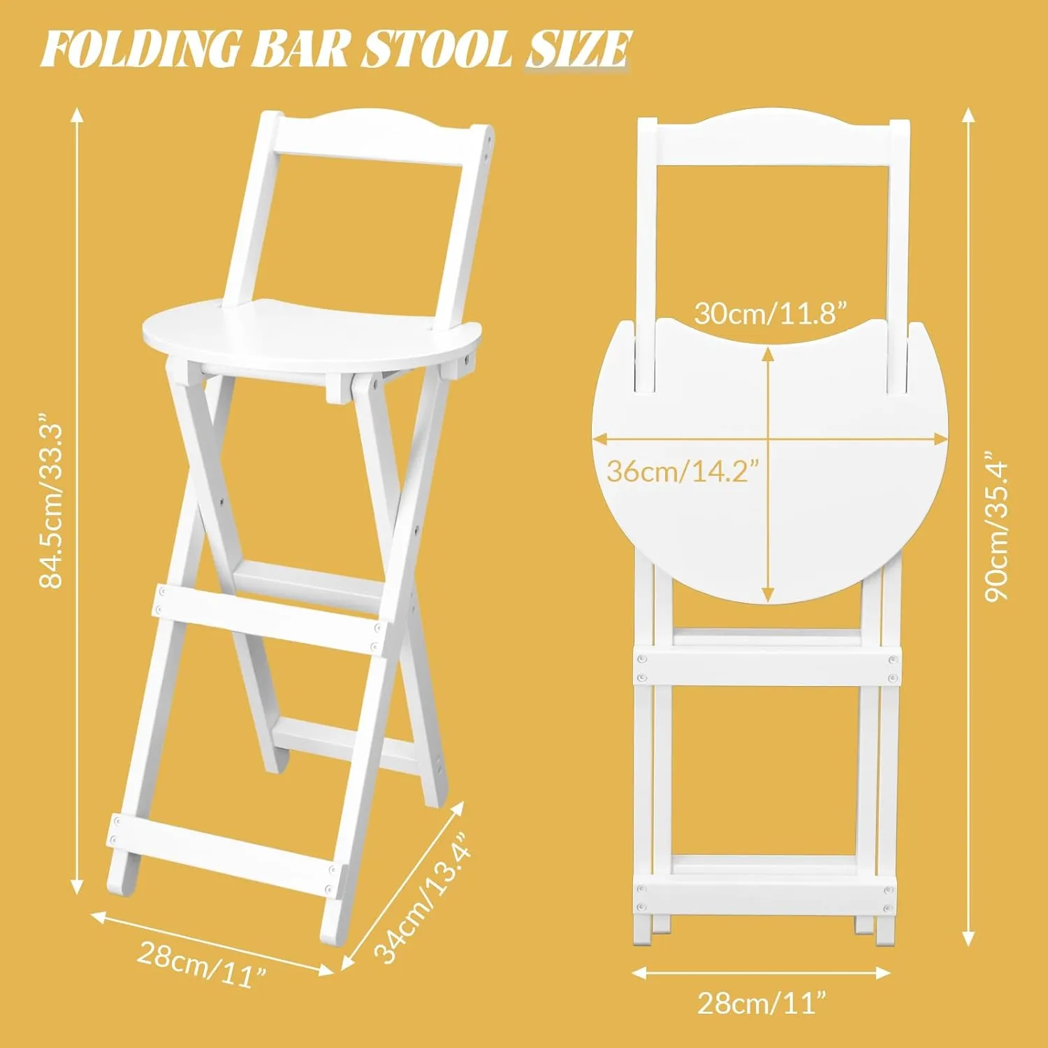 Folding Bar Stool with Back, Portable Tall Foldable Chair Kitchen Island Breakfast Adult Collapsible Bamboo Stool with Backrests, Camping Assembled White - 1 Set